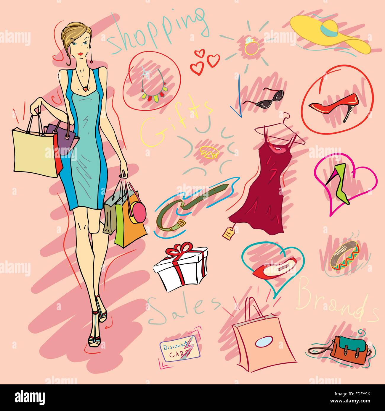 Ilustración vectorial. Muchacha elegante shopping joyas, zapatos, ropa y  accesorios Imagen Vector de stock - Alamy