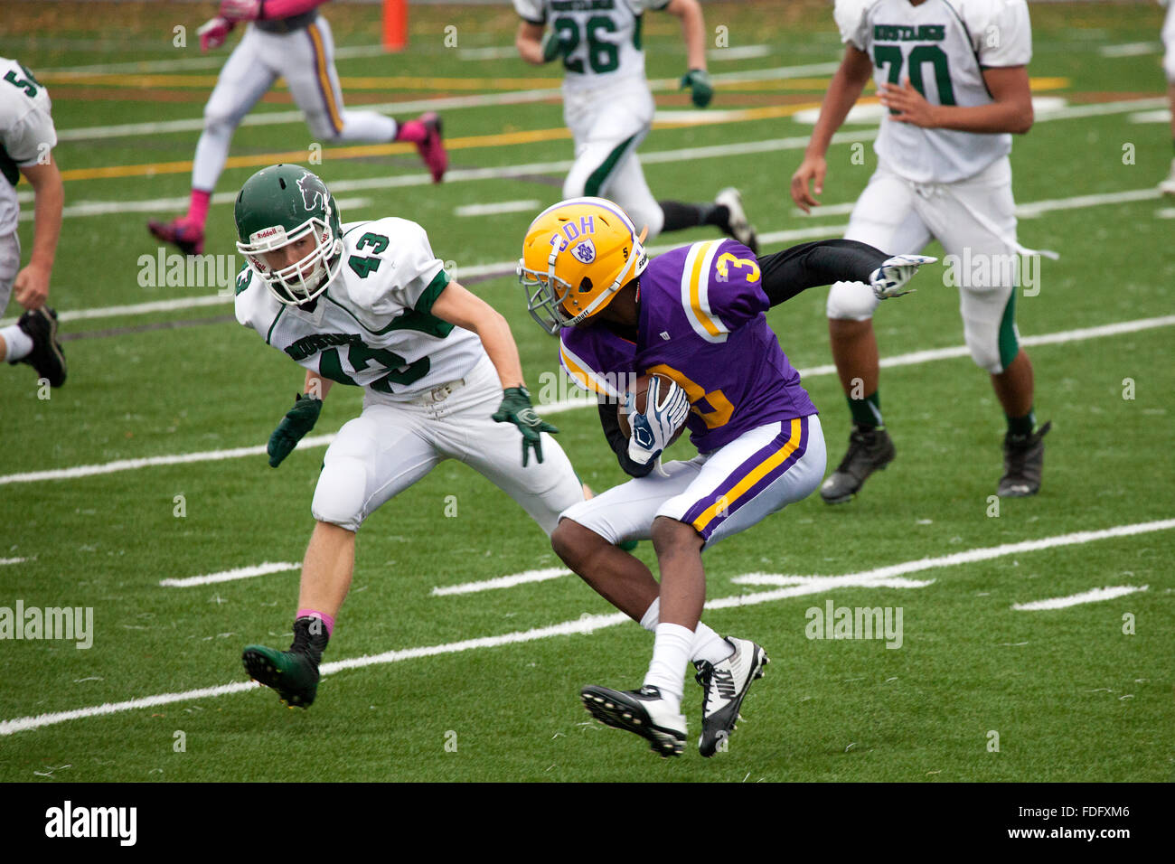 Cretin-Derham Hall High School Football player corriendo con el balón jugando Mounds View, Jr Varsity juego. St Paul MN Minnesota EE.UU. Foto de stock