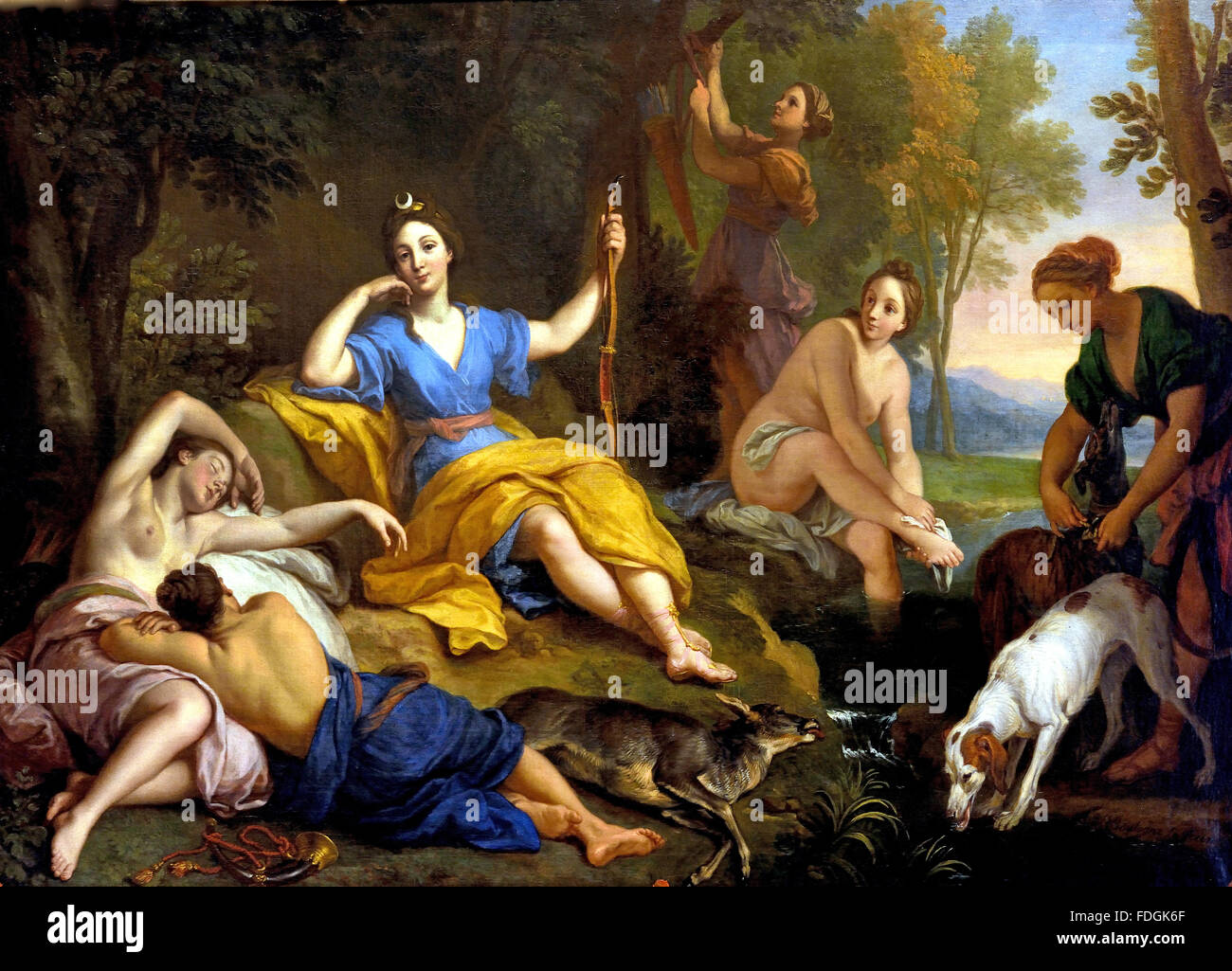 Diana y sus compañeros descansando después de la caza BOULOGNE Louis de 1654 - 1733 Francia ( la mitología romana, Diana era la diosa de la caza, la luna y el parto ) Foto de stock