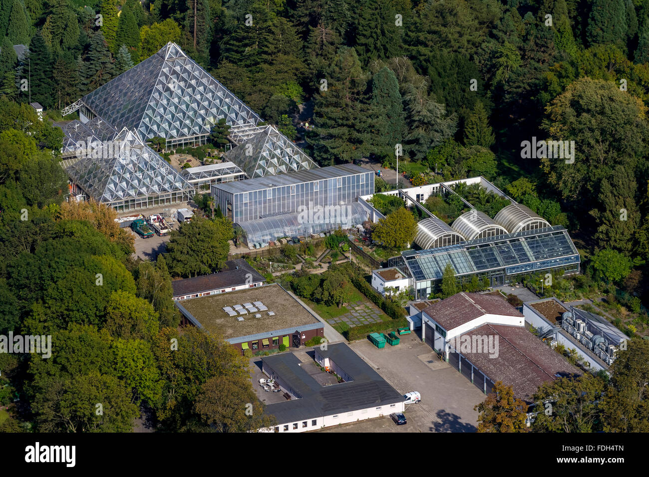Vista aérea, Grugapark Essen, Rain Forest House, Jardines Botánicos, pirámides de vidrio, Essen, Ruhr, Renania del Norte-Westfalia, Alemania Foto de stock