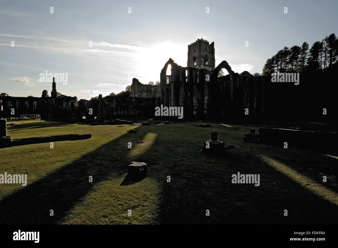 Larga noche sombras en Fountains Abbey, North Yorkshire. Foto de stock