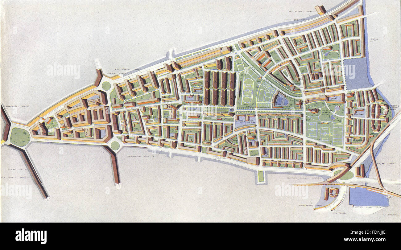 STEPNEY: Vivienda de posguerra plan 'reconstrucción', 1943 vintage mapa Foto de stock