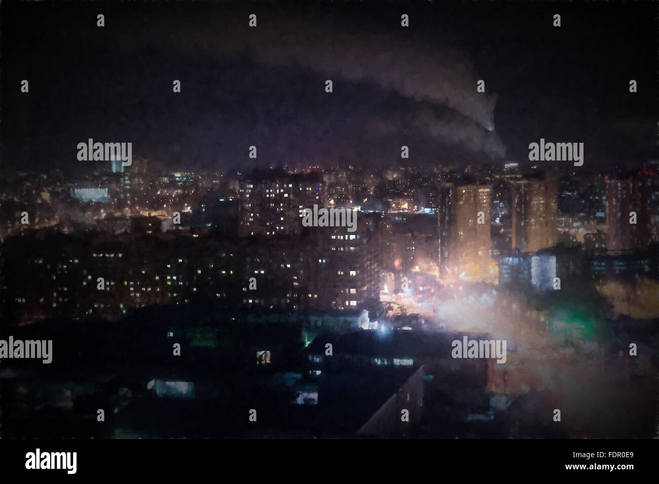 Esto es una imagen de una ciudad por la noche usando un aceite estilo estilo claroscuro efecto. Destacan las muchas luces nocturnas Foto de stock