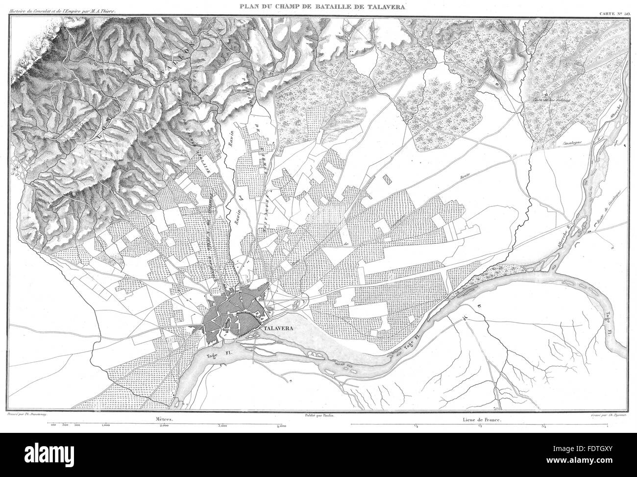 España: Plan du champ de Bataille de Talavera 1809, 1859 mapa antiguo Foto de stock