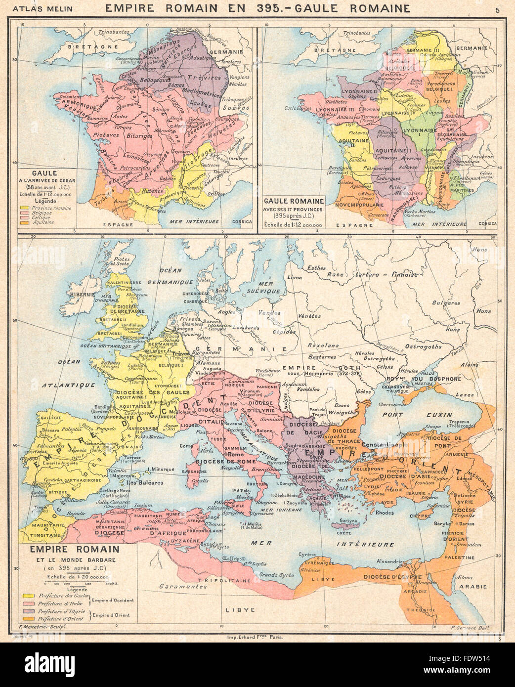 EMPIRE ROMAIN:en 395-Gaule romaine;Monde Barbare;mapa l'arrivée de César; 1900 Foto de stock