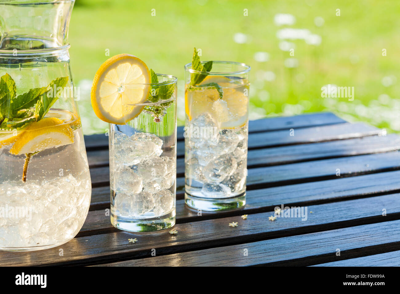 Beber agua fría o hielo limonada en el jardín de verano Foto de stock