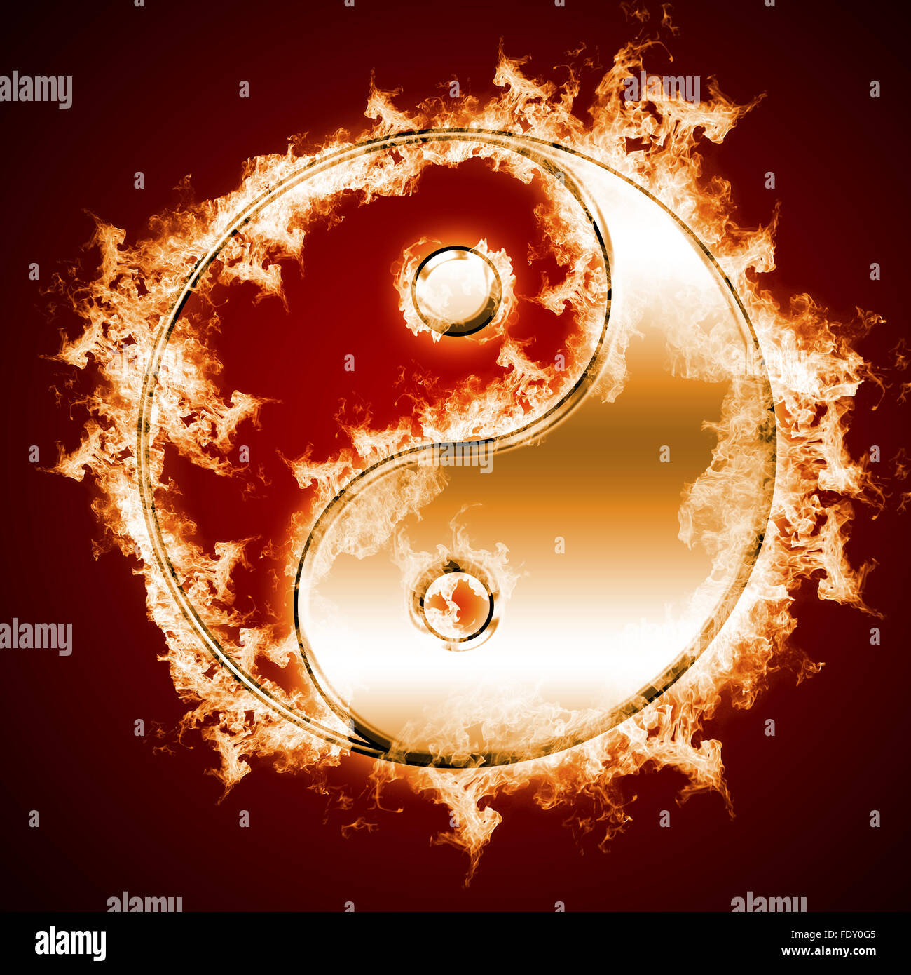 El símbolo del yin y el yang del fondo oscuro en una llama. El signo de los  dos elementos Fotografía de stock - Alamy