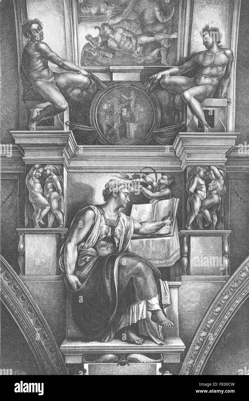Vaticano: Erythraean Sibyl(techo de la capilla Sixtina), impresión de antigüedades 1872 Foto de stock