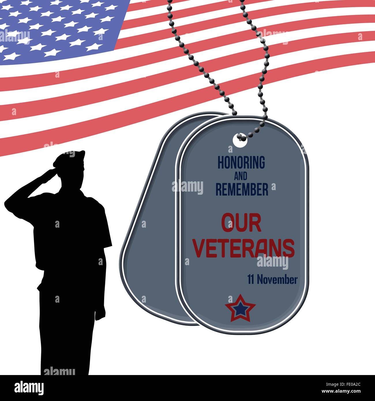 El Día de los veteranos póster con el US Army Soldier saludando la bandera americana Ilustración del Vector