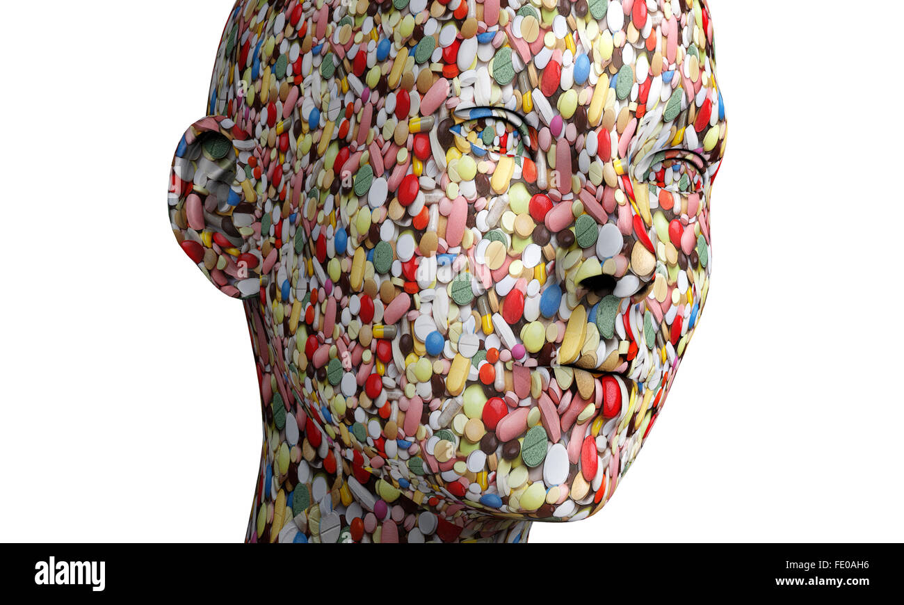 Una cabeza humana hecha de píldoras. Foto de stock