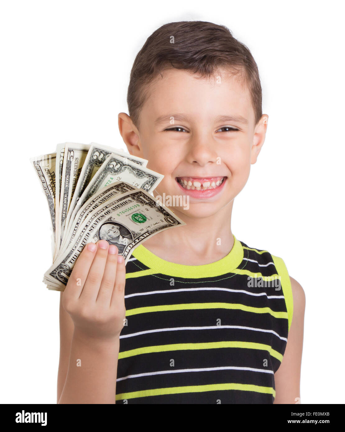 Niño feliz con dinero Foto de stock