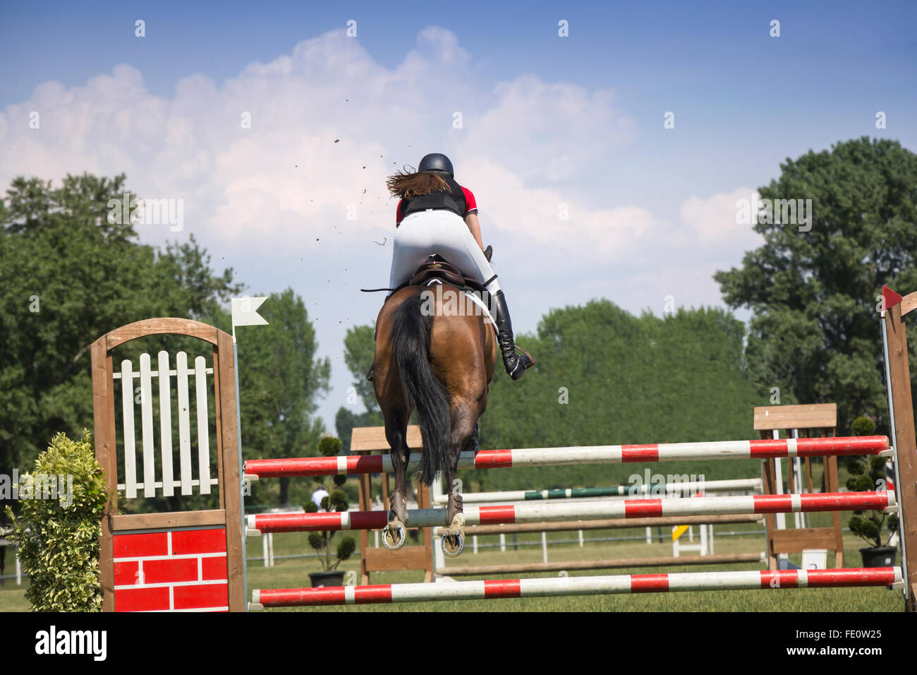Joven saltando a caballo compitiendo en torneos ecuestres Foto de stock