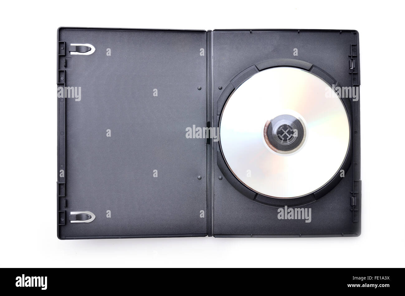 Dvd en estuche negro sobre fondo blanco. Foto de stock