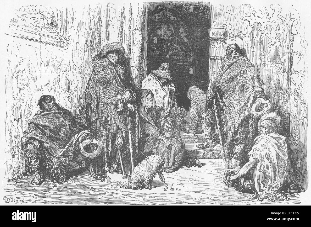 España: mendigos en el Claustro de la Catedral de Barcelona, antiguo 1881 imprimir Foto de stock