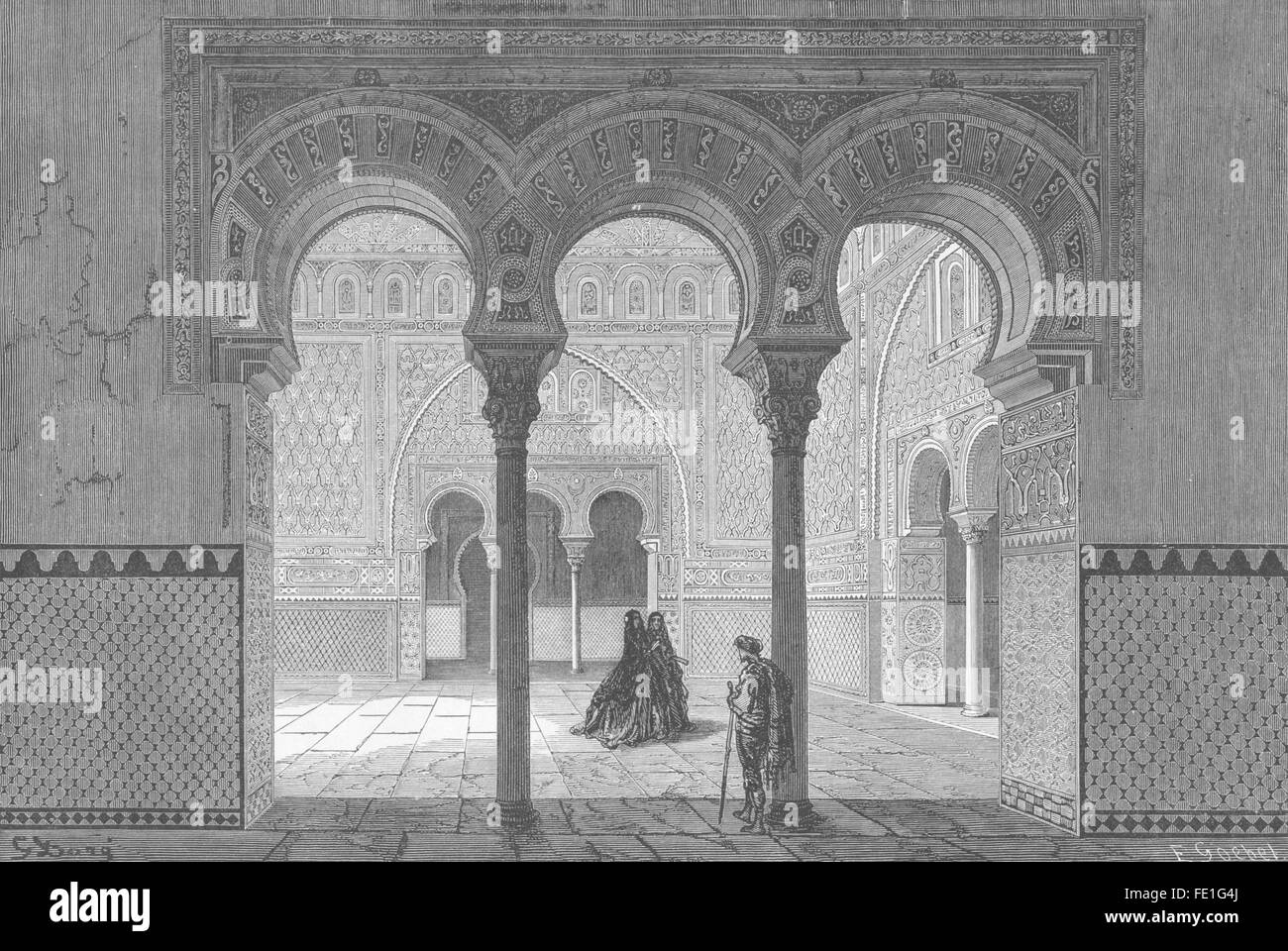 España: La Sala de Embajadores, el Alcázar, Sevilla, grabado antiguo 1881 Foto de stock