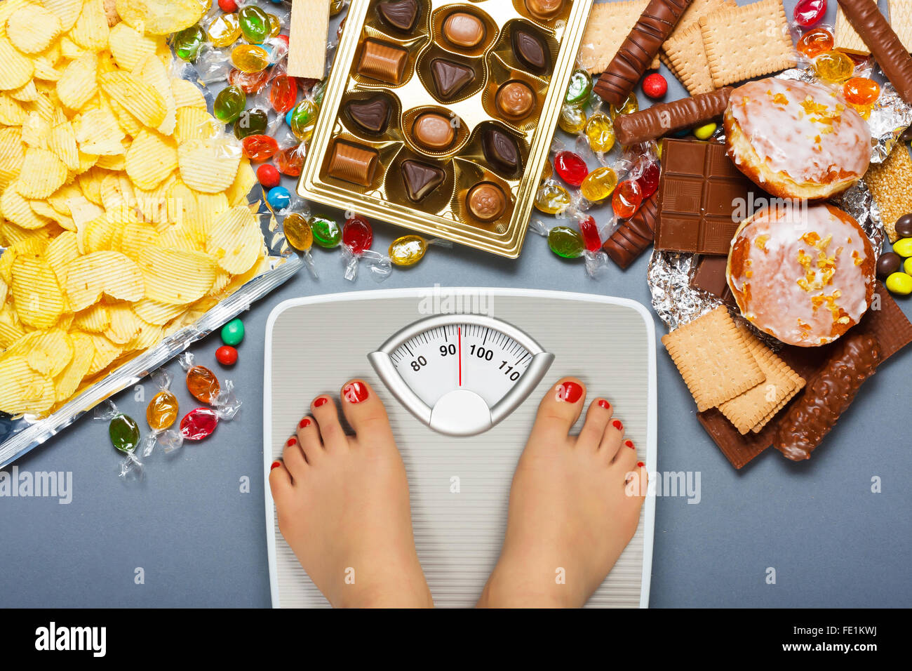 Las dietas malsanas, el sobrepeso. Foto de stock
