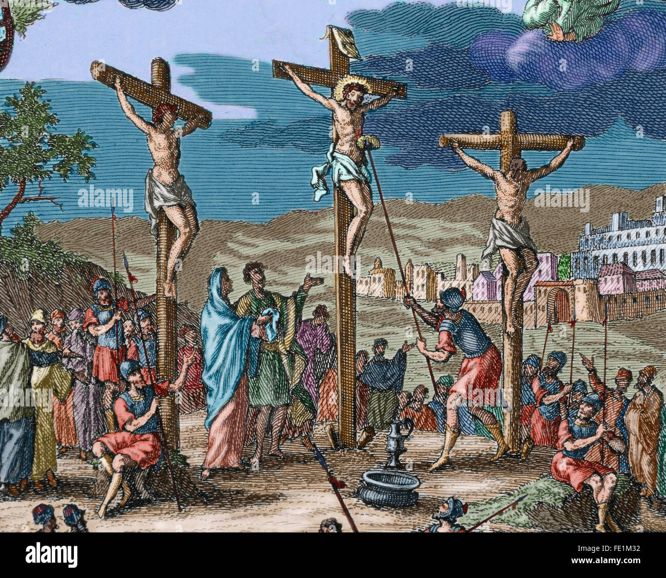 La crucifixión de Cristo. Grabado. Coloreada. Foto de stock
