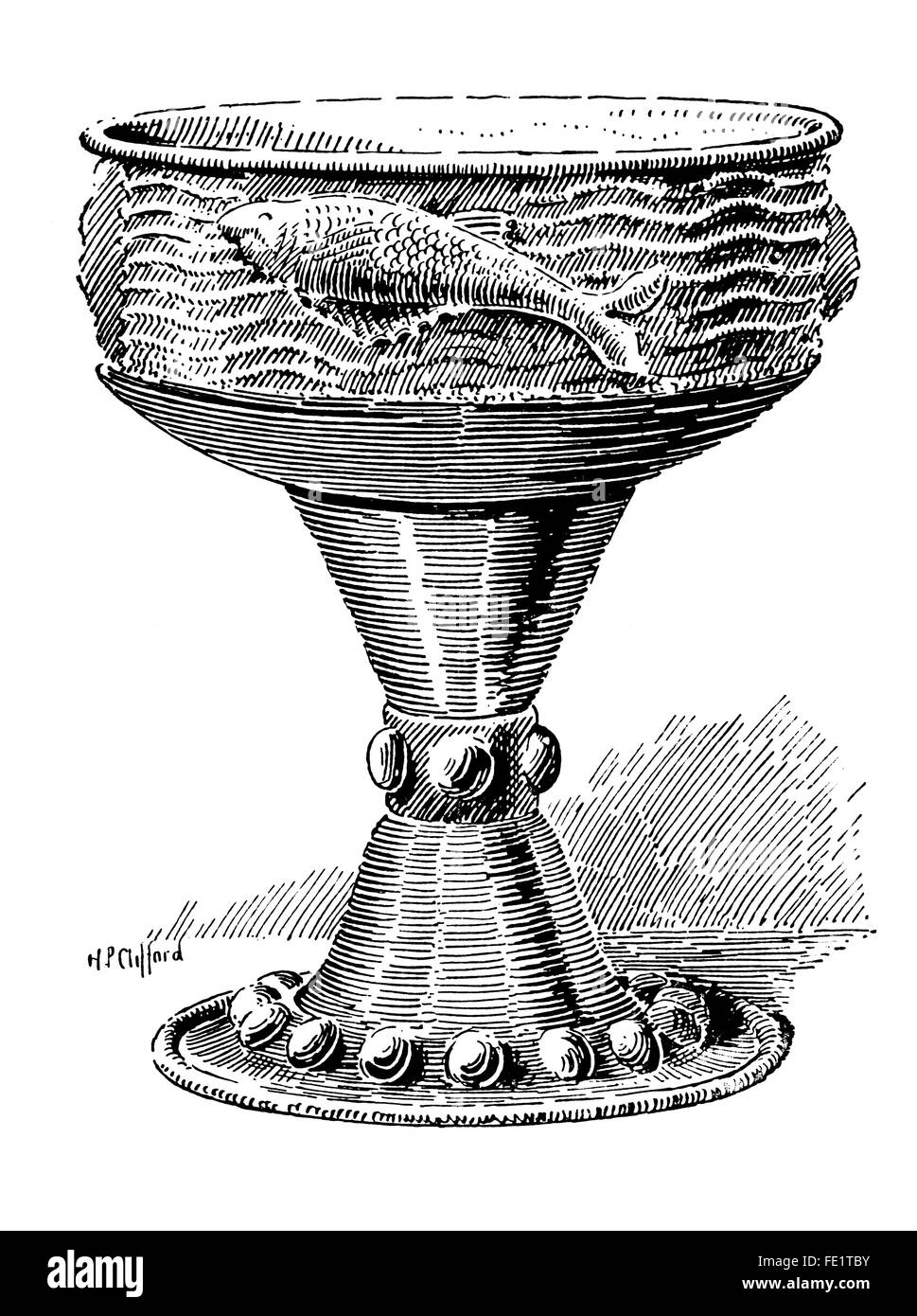 Keswick Escuela de Arte Industrial, cobre jarrón diseñado por W Robinson, línea 1897 Ilustración por Henry Clifford Foto de stock