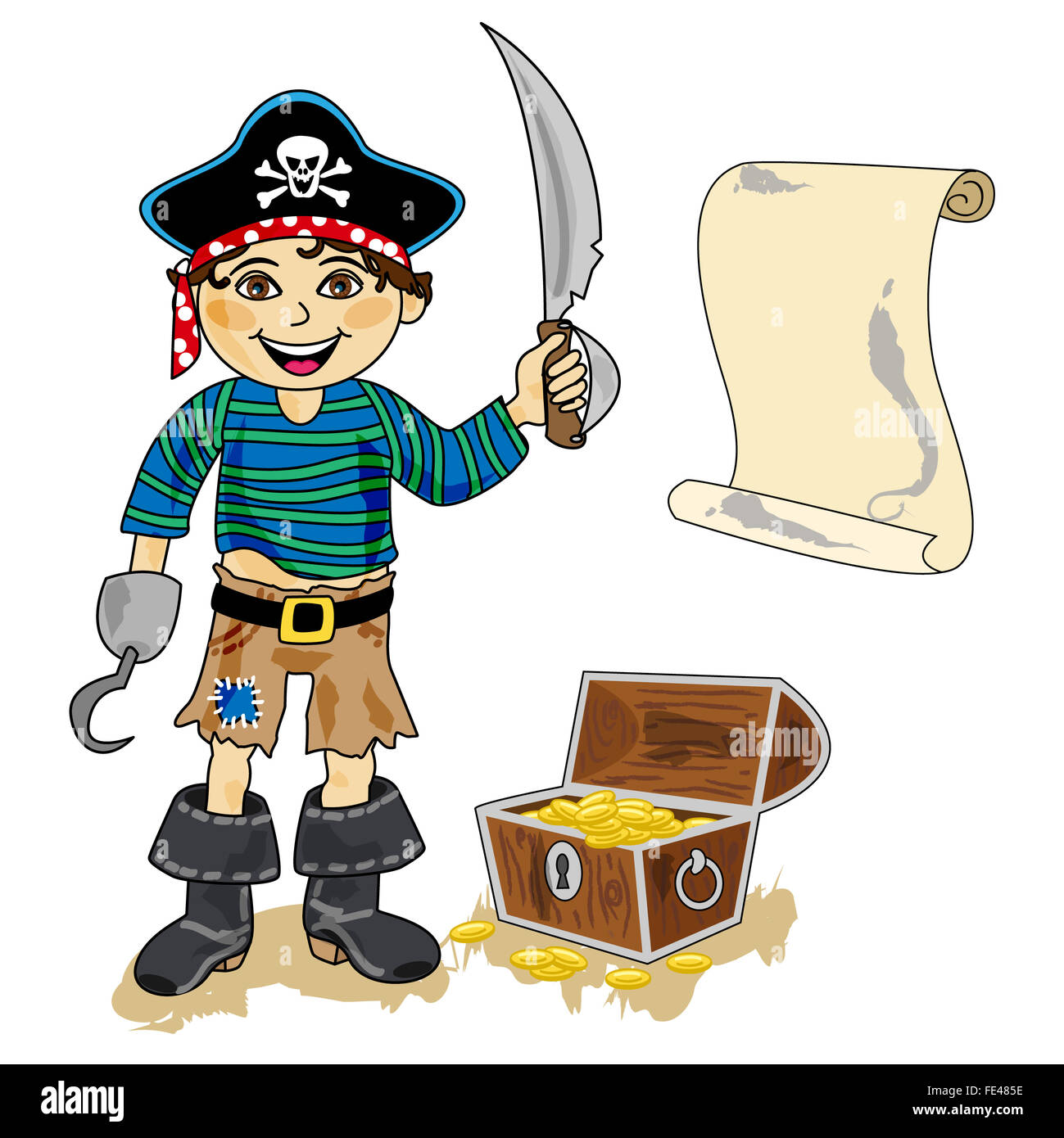 Cute dibujos animados de carácter pirata con gancho, espada, mapa y el cofre  del tesoro Fotografía de stock - Alamy