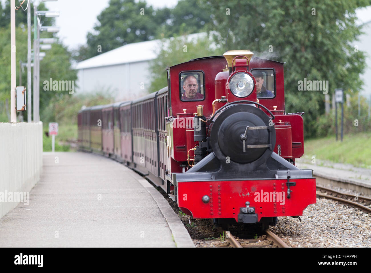 Un tren de pasajeros que llegan en Wroxham en el Bure Valley Railway en Norfolk Foto de stock