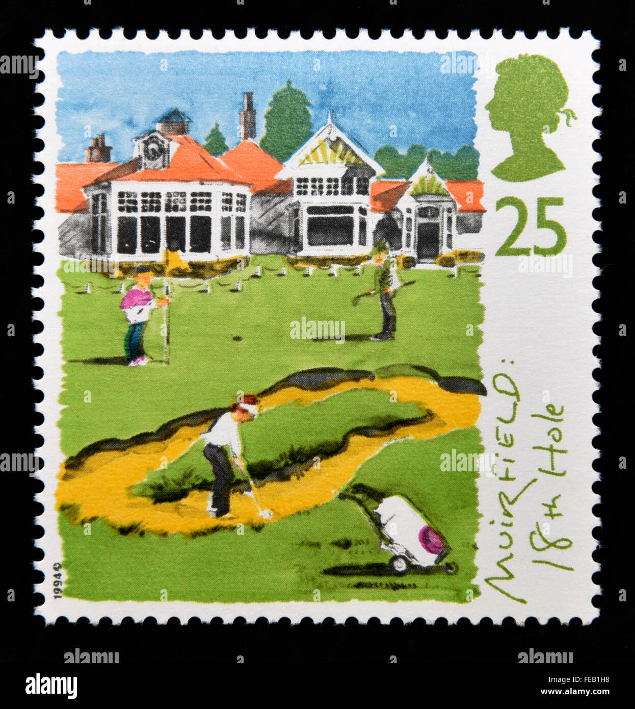 Sello de correos. Gran Bretaña. La reina Isabel II. 1994. Campos de Golf de Escocia. 25p. Foto de stock
