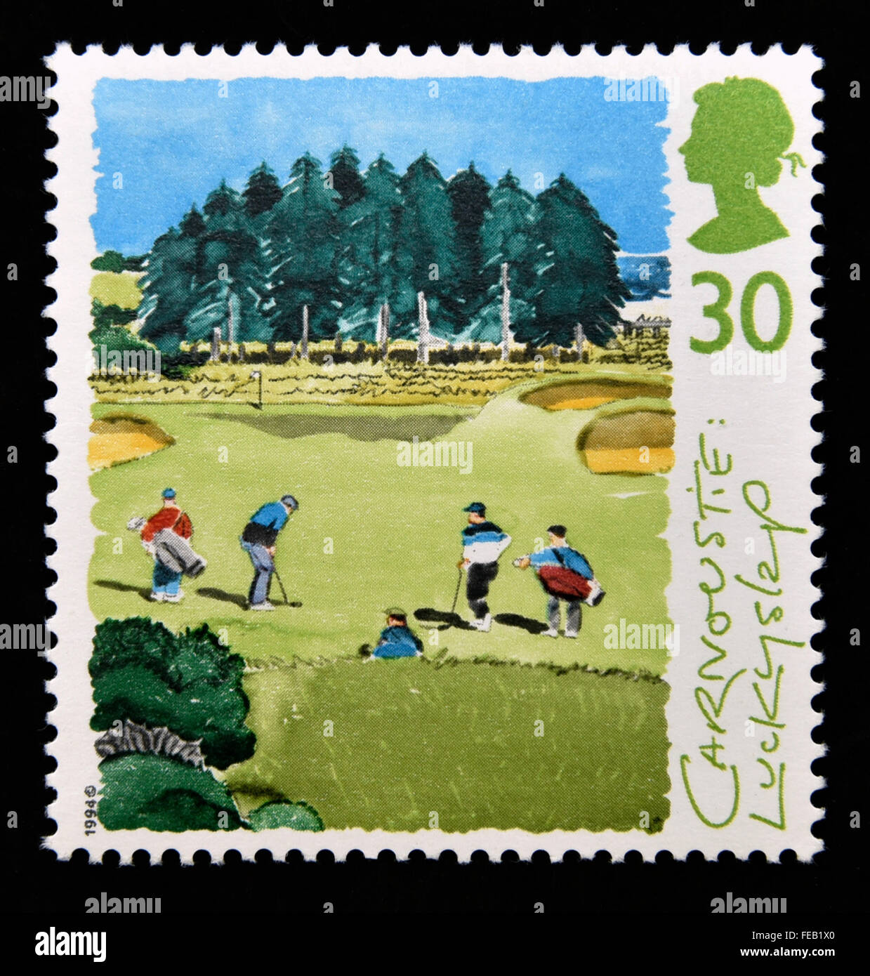 Sello de correos. Gran Bretaña. La reina Isabel II. 1994. Campos de Golf de Escocia. 30p. Foto de stock