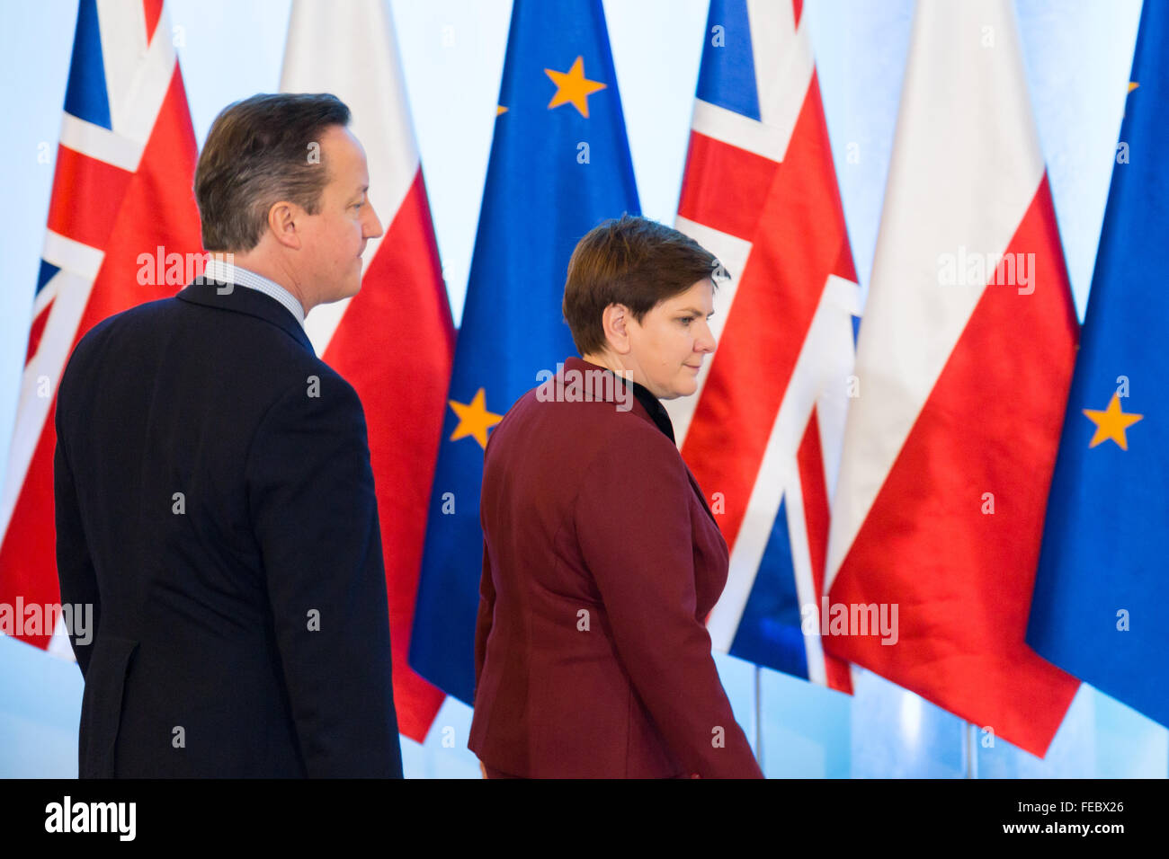 Varsovia, Polonia. El 5 de febrero de 2016. Reunión del Primer Ministro del Reino Unido, David Cameron, y el Primer Ministro de Polonia, Beata Szydlo en la Cancillería del Primer Ministro de Polonia el 05 de febrero de 2016 en Varsovia, Polonia. Crédito: MW/Alamy Live News Foto de stock