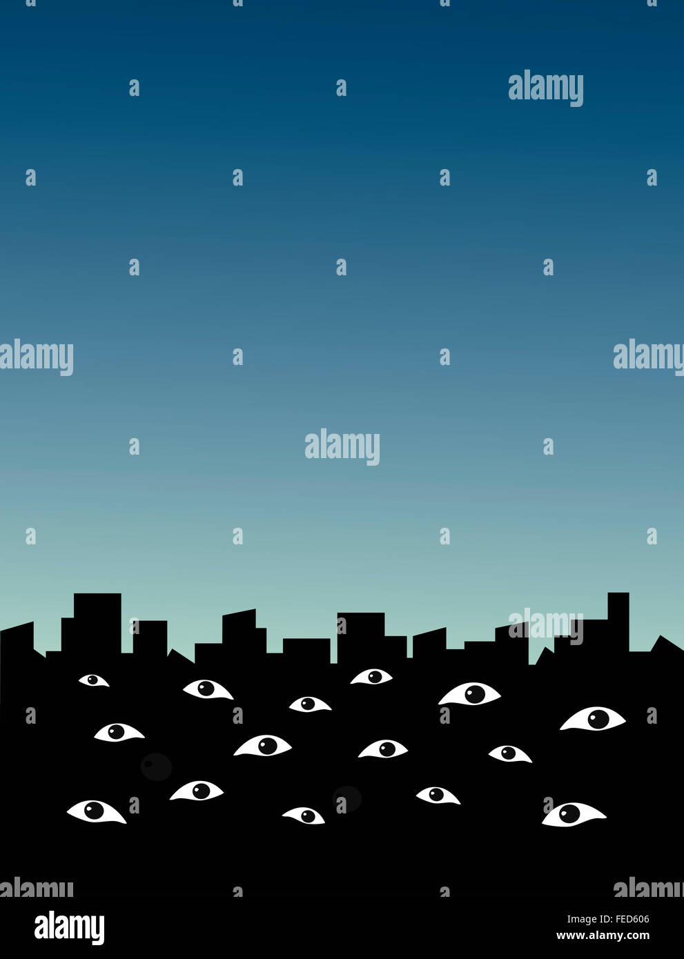 Silueta de una ciudad donde los ojos del espectador de vigilancia. Paisaje urbano de vigilancia. Foto de stock