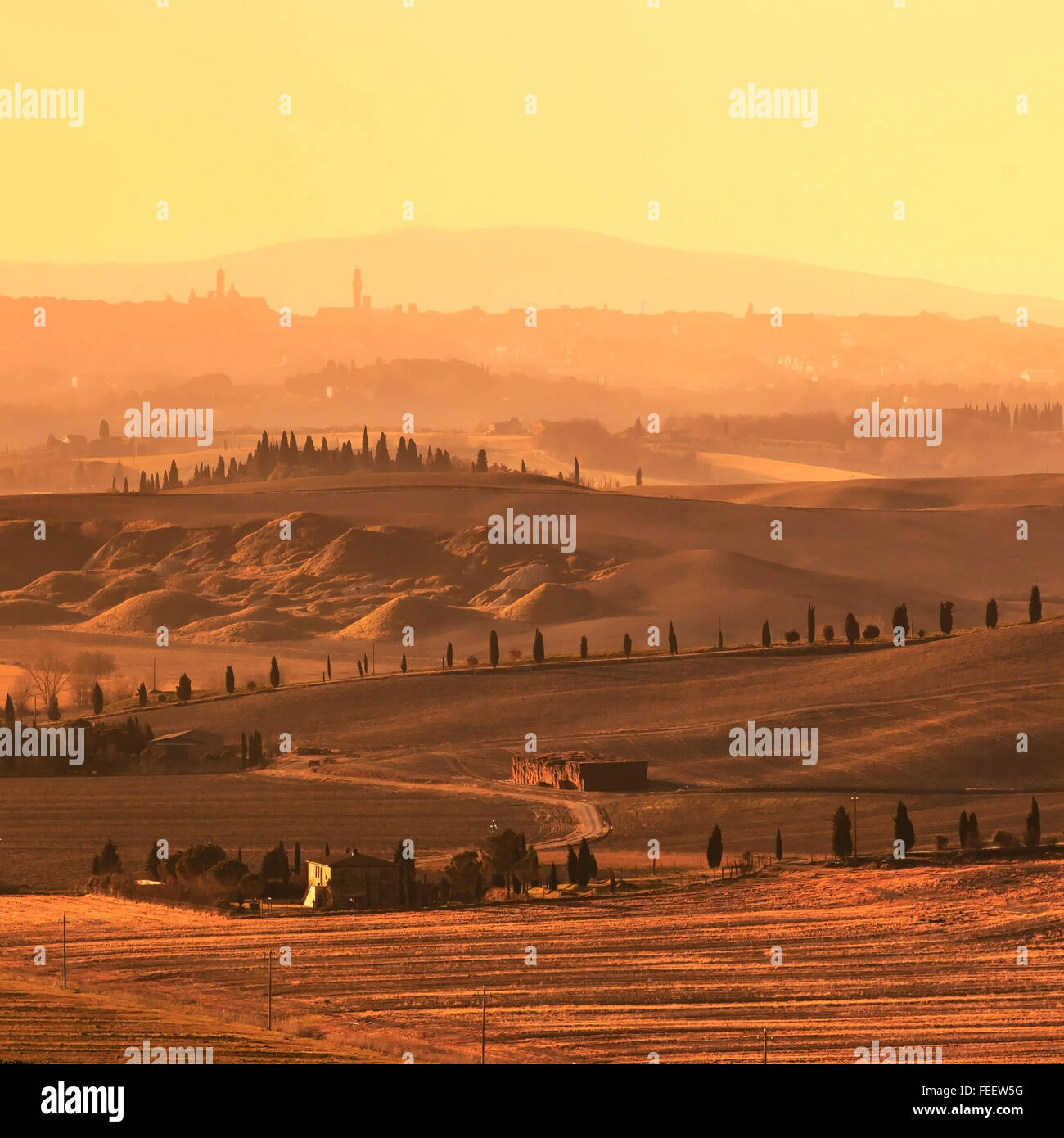 Colinas de la Toscana, a la puesta del sol. Crete Senesi paisaje rural. Campos Verdes, una granja con cipreses y Siena ciudad en backgr Foto de stock