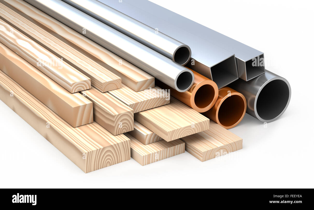 Conjunto de vigas de madera, metálica y placas redondas y rectangulares de  acero inoxidable tubos y tuberías. Materiales de construcción 3d Fotografía  de stock - Alamy