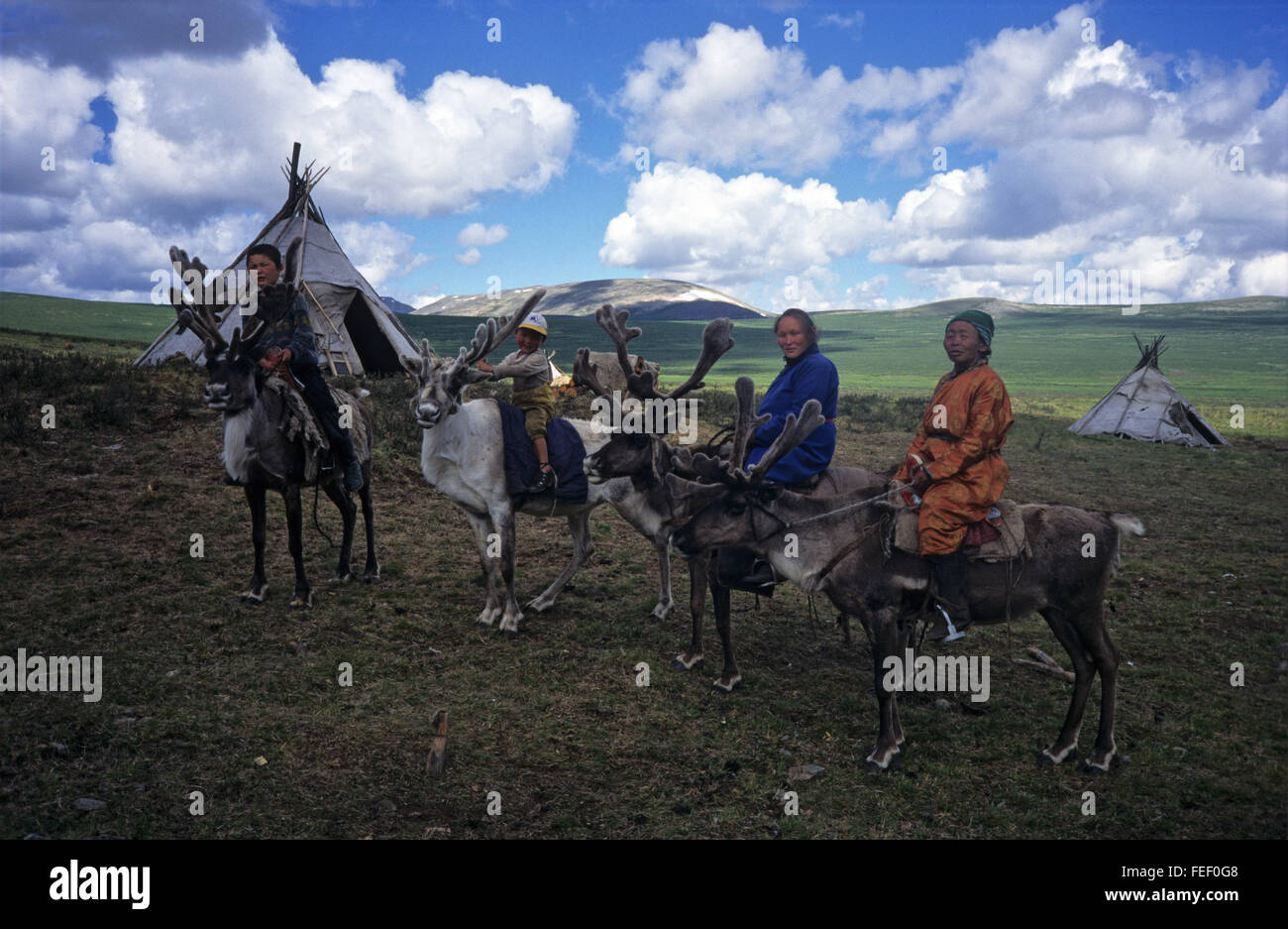 Duhkha (igual que Tsaatan) gente montando sus renos Foto de stock
