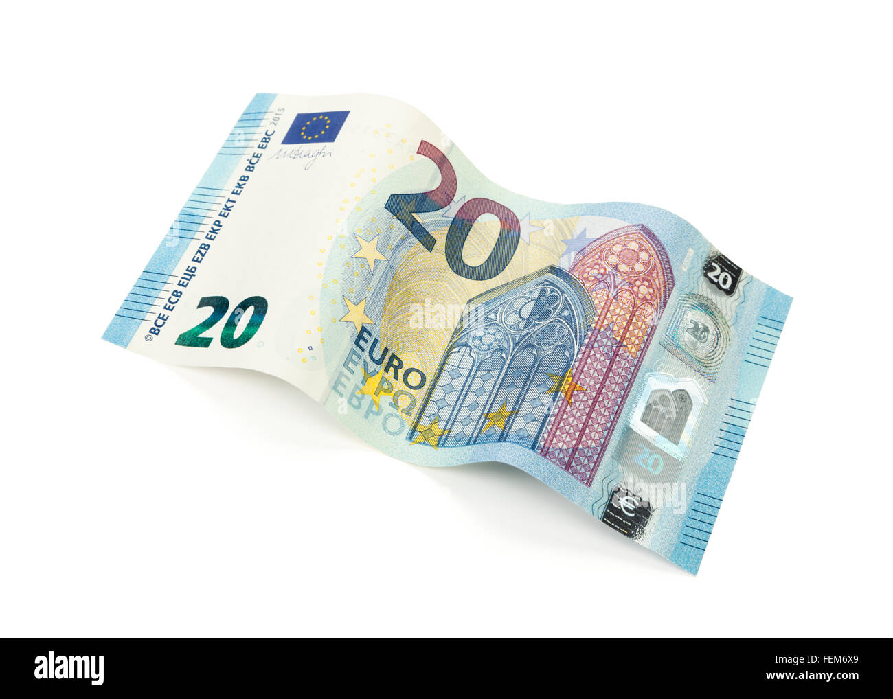 20 Euros nueva factura emitida en 2015 establecidas en forma de onda sobre fondo blanco. Foto de stock