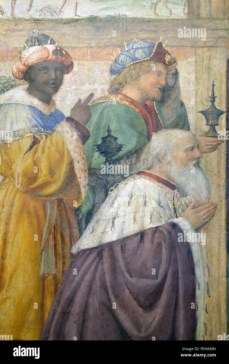 La adoración de los Magos, 1520-1525. Por el pintor italiano Bernardino Luini (1480-1532). Detalle. Fresco. Foto de stock