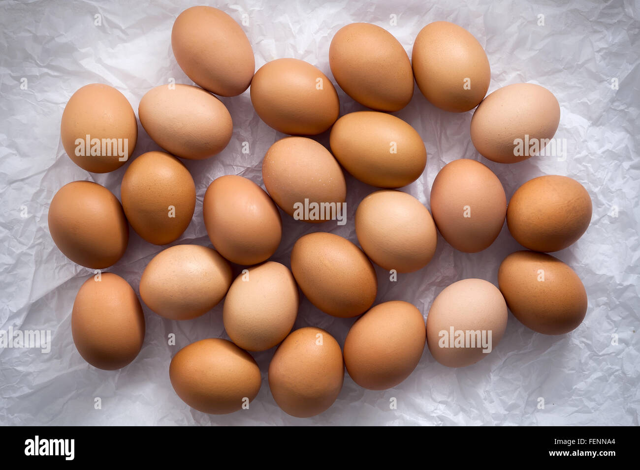 Huevos de gallina flat todavía ponen la vida con comida fresca cruda elegantes aves ingredientes saludables de colesterol proteína vitamina óxido natural Foto de stock
