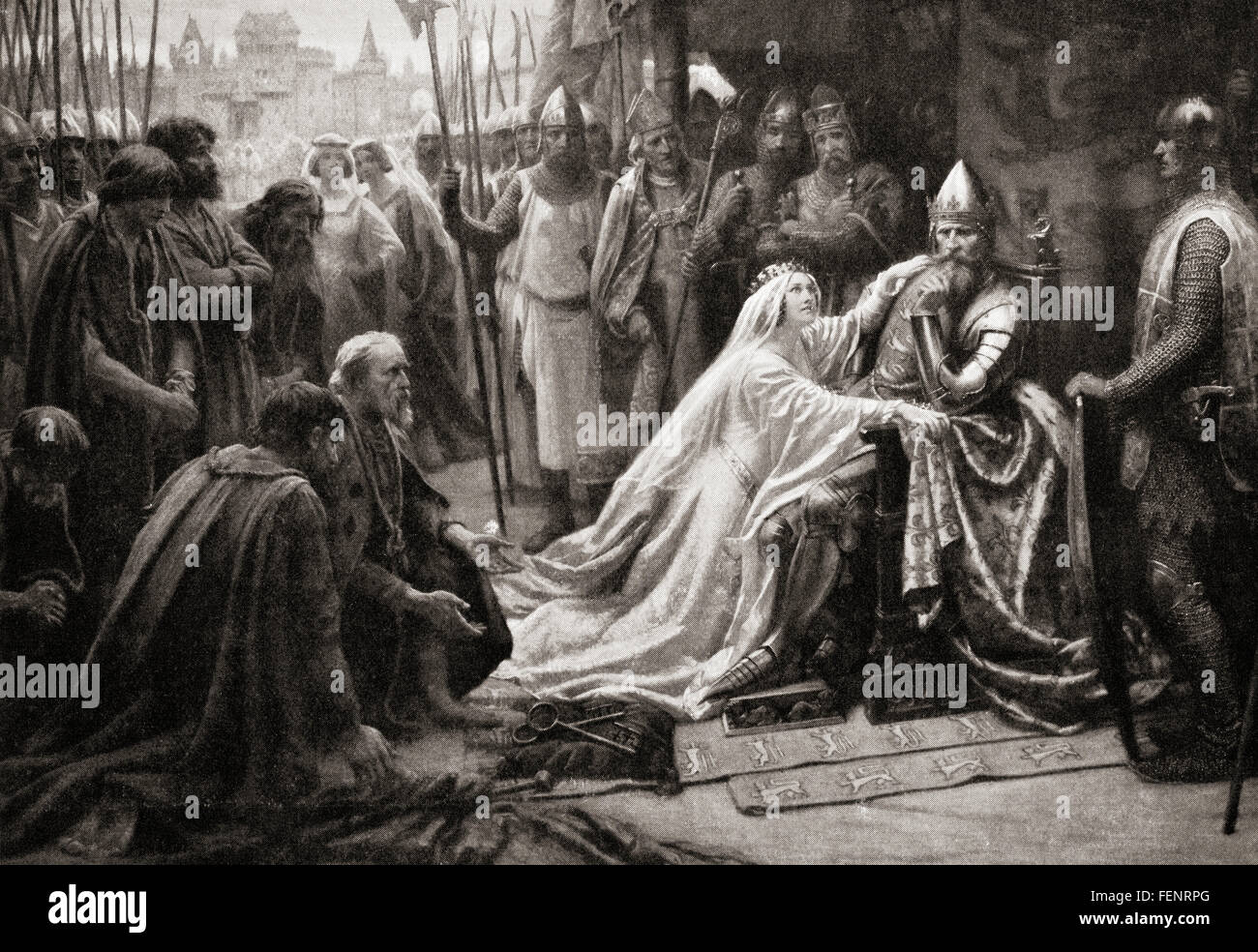 La esposa del rey Eduardo III, la reina Philippa de Hainaut, interceda ante su esposo para pedirle que la vida de los burgueses de Calais siete ser salvado. Foto de stock