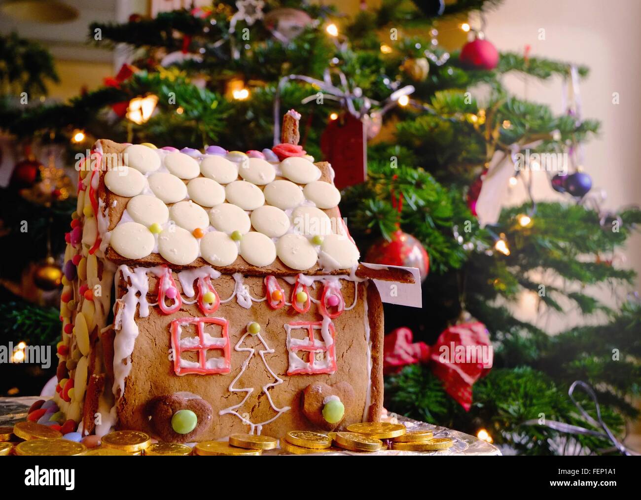 La confitería cubiertos gingerbread casa delante del árbol de navidad Foto de stock