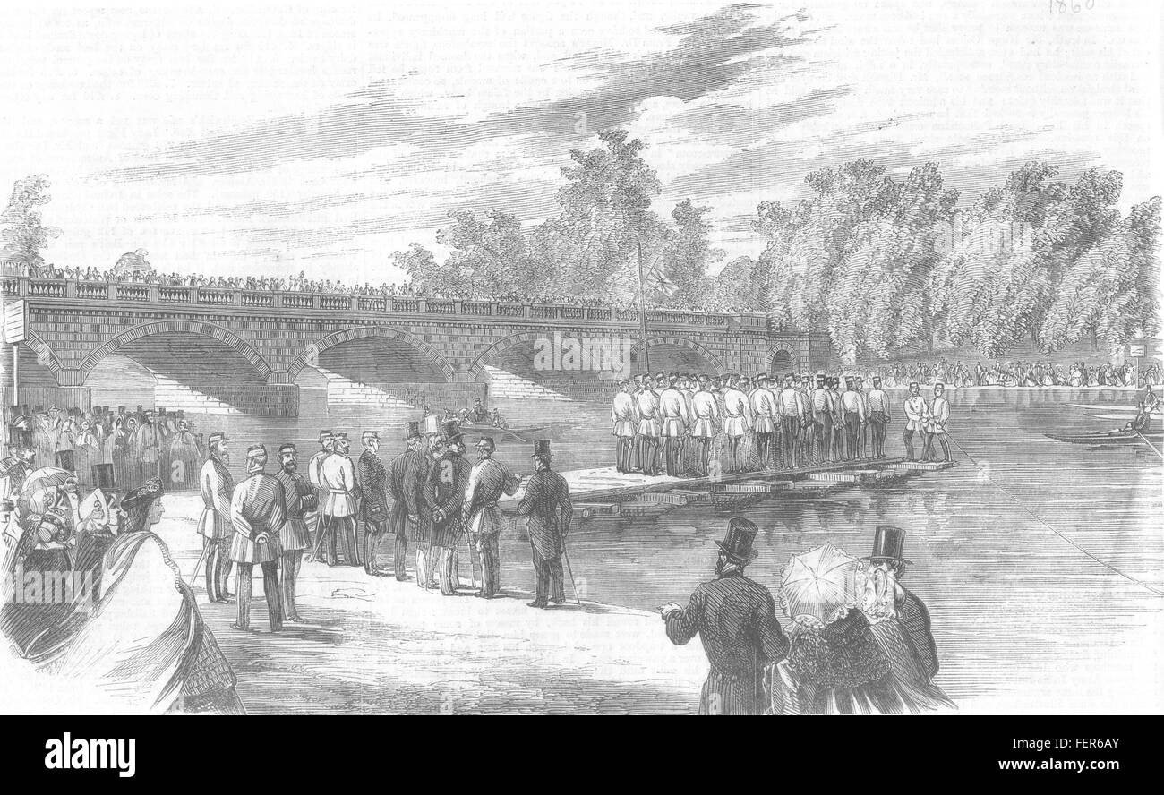 HYDE PARK Experimentos Capitán Fowke Pontoon Brdg serpentina del 1860. Illustrated London News Foto de stock