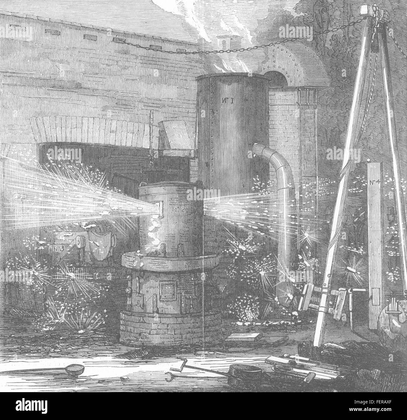 Fábricas horno de fundición; horno Bessemer 1856. Illustrated London News Foto de stock
