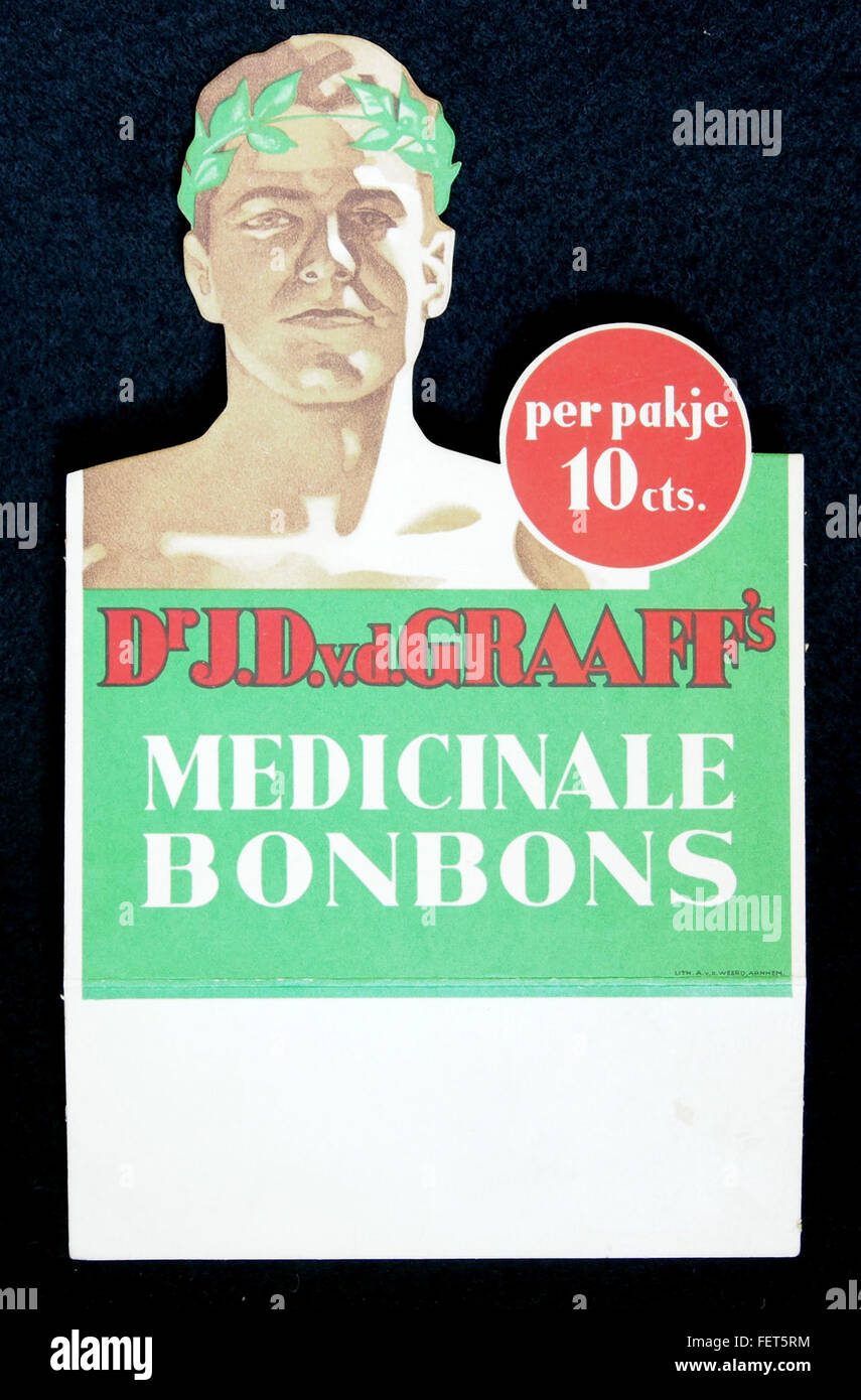 Dr. JD vd Graaff MEdicinale bombones kartonnen reklame bordje Foto de stock