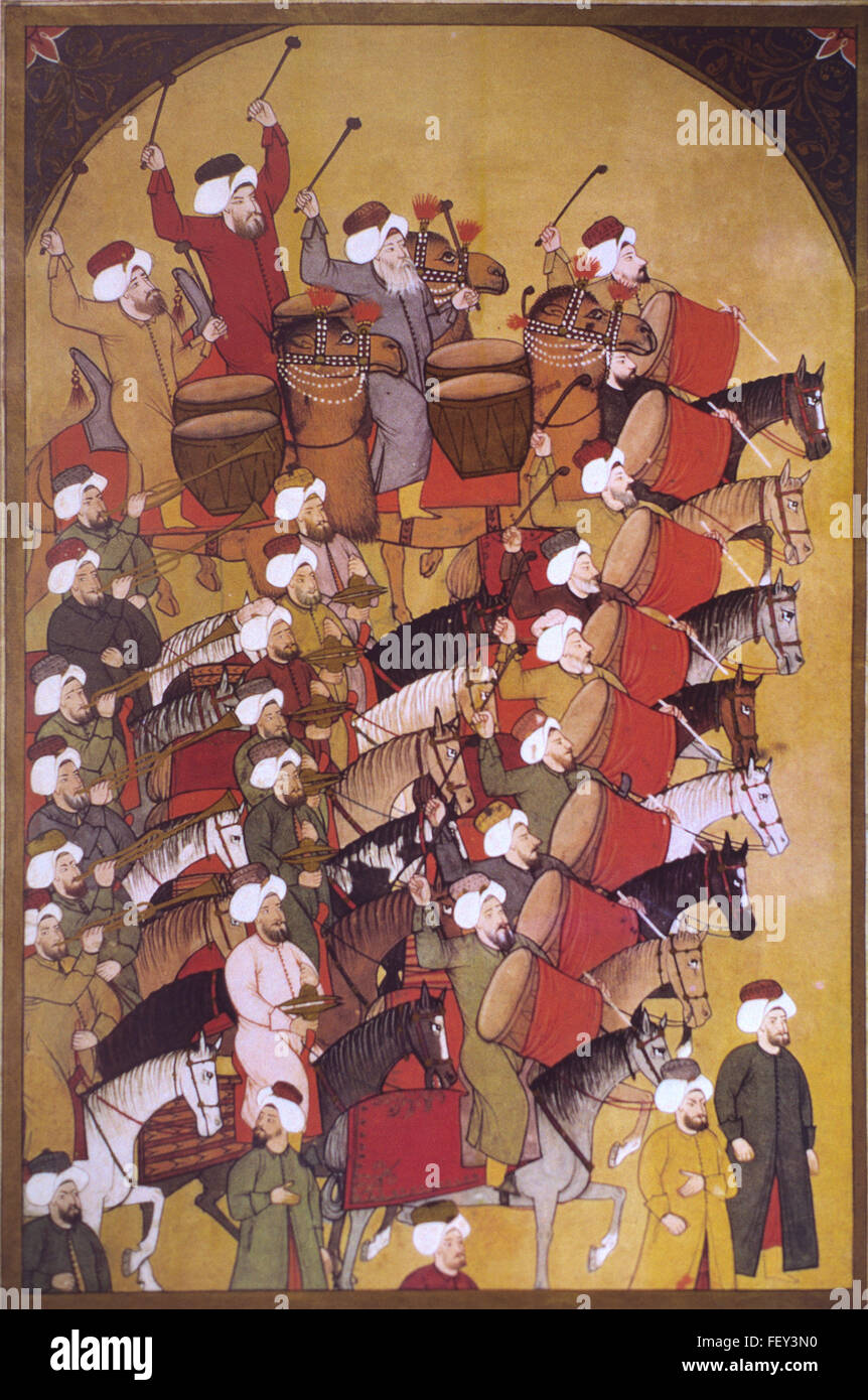Janissary Ejército turco otomano o banda, como se muestra en la miniatura de la pintura temprano Turquía Foto de stock