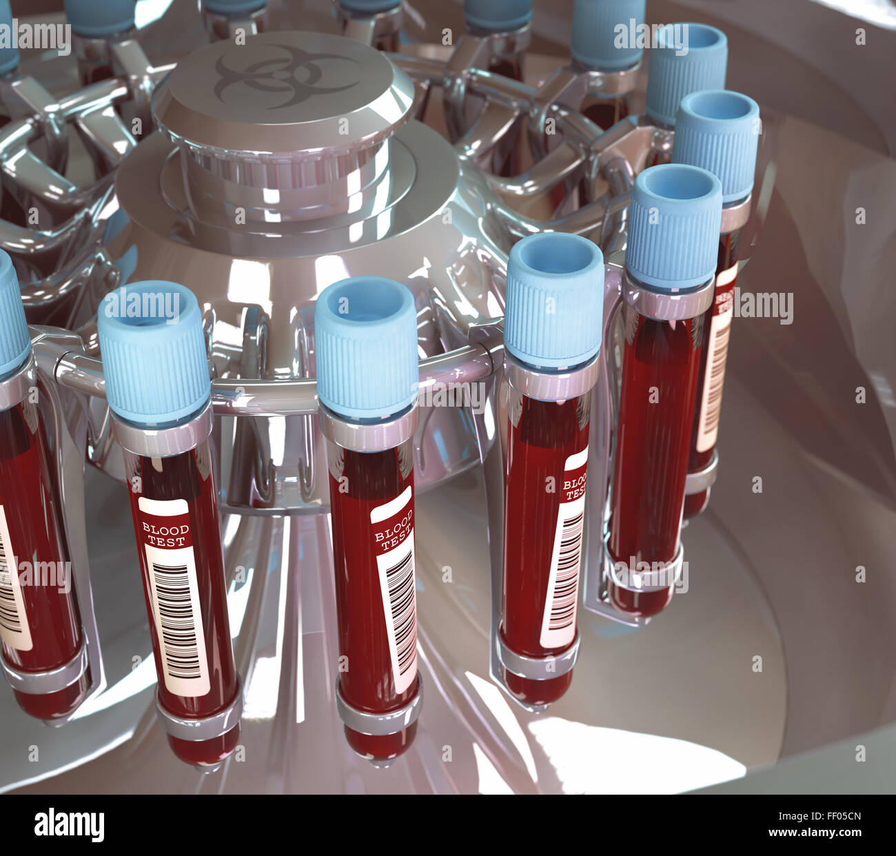 Equipo de laboratorio listo para centrifugación de sangre. Concepto de imagen de una prueba de sangre. Foto de stock