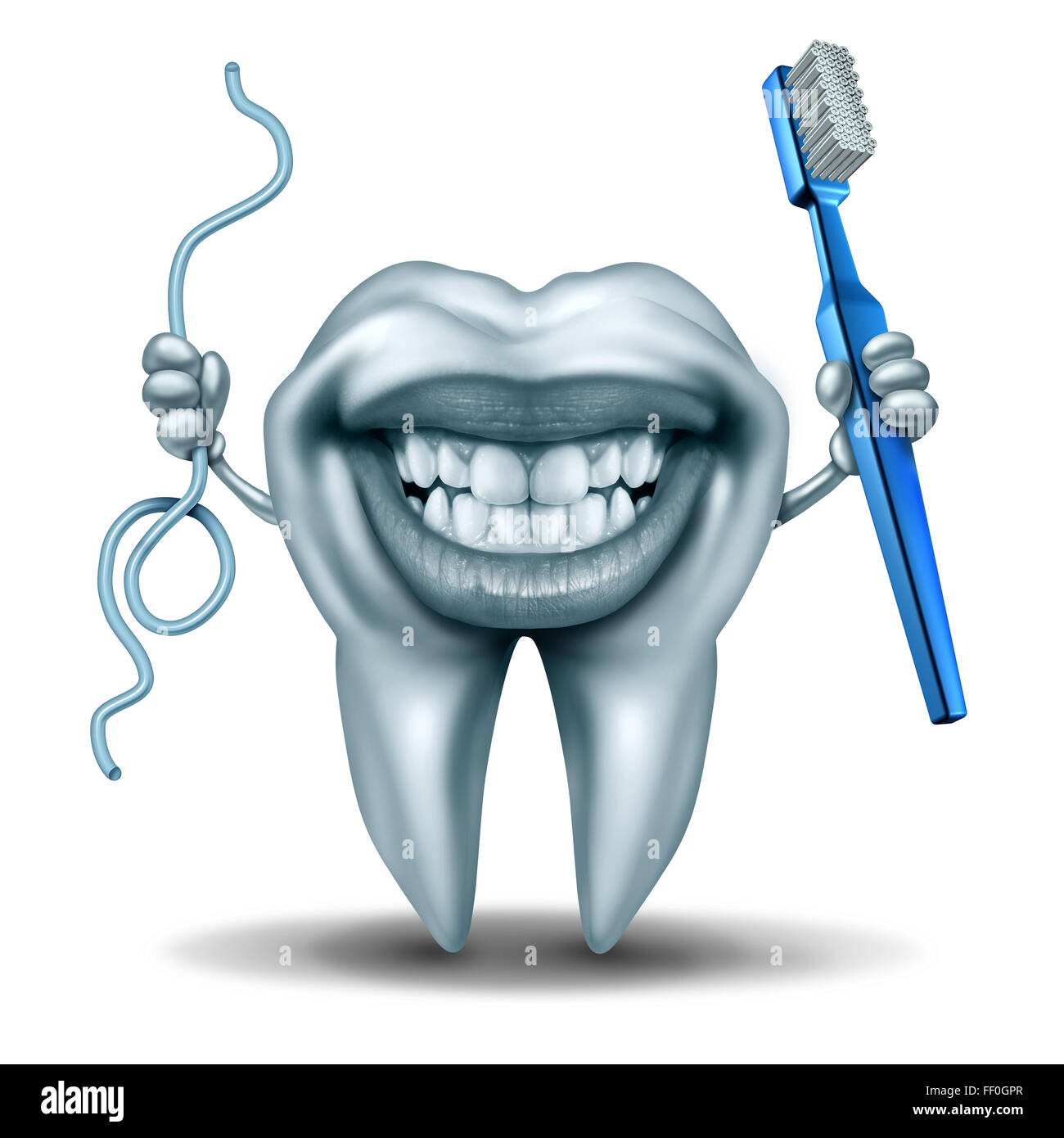 Carácter de limpieza de dientes sujetando un cepillo de dientes y una  cadena de hilo dental con una amplia sonrisa en la risa molar humano como  un símbolo de higiene dental y
