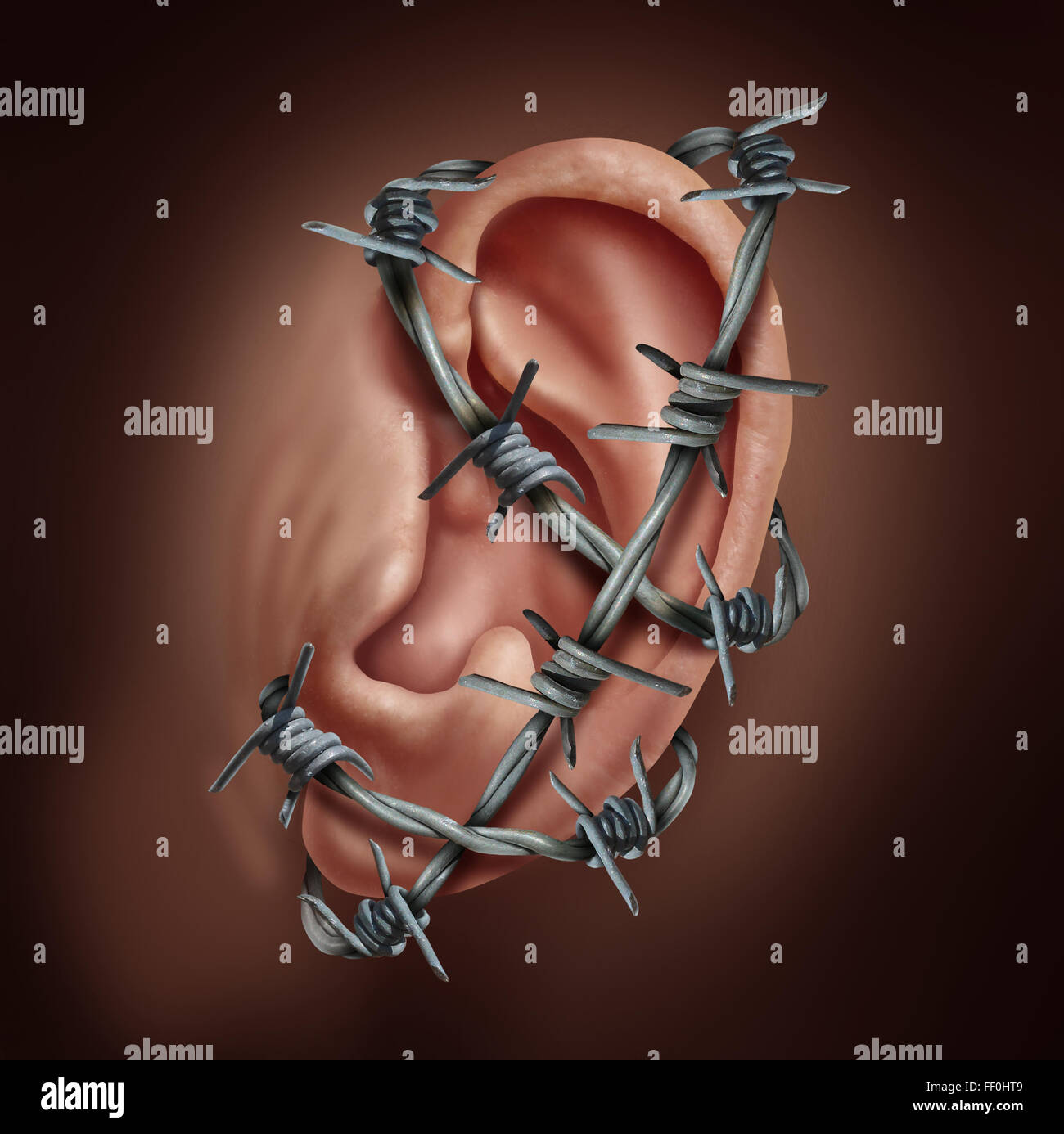 Dolor de oído humano y símbolo de la infección de oído como alambre de espino envuelto alrededor de la audiencia parte del cuerpo causando un fuerte ardor enfermedad Foto de stock