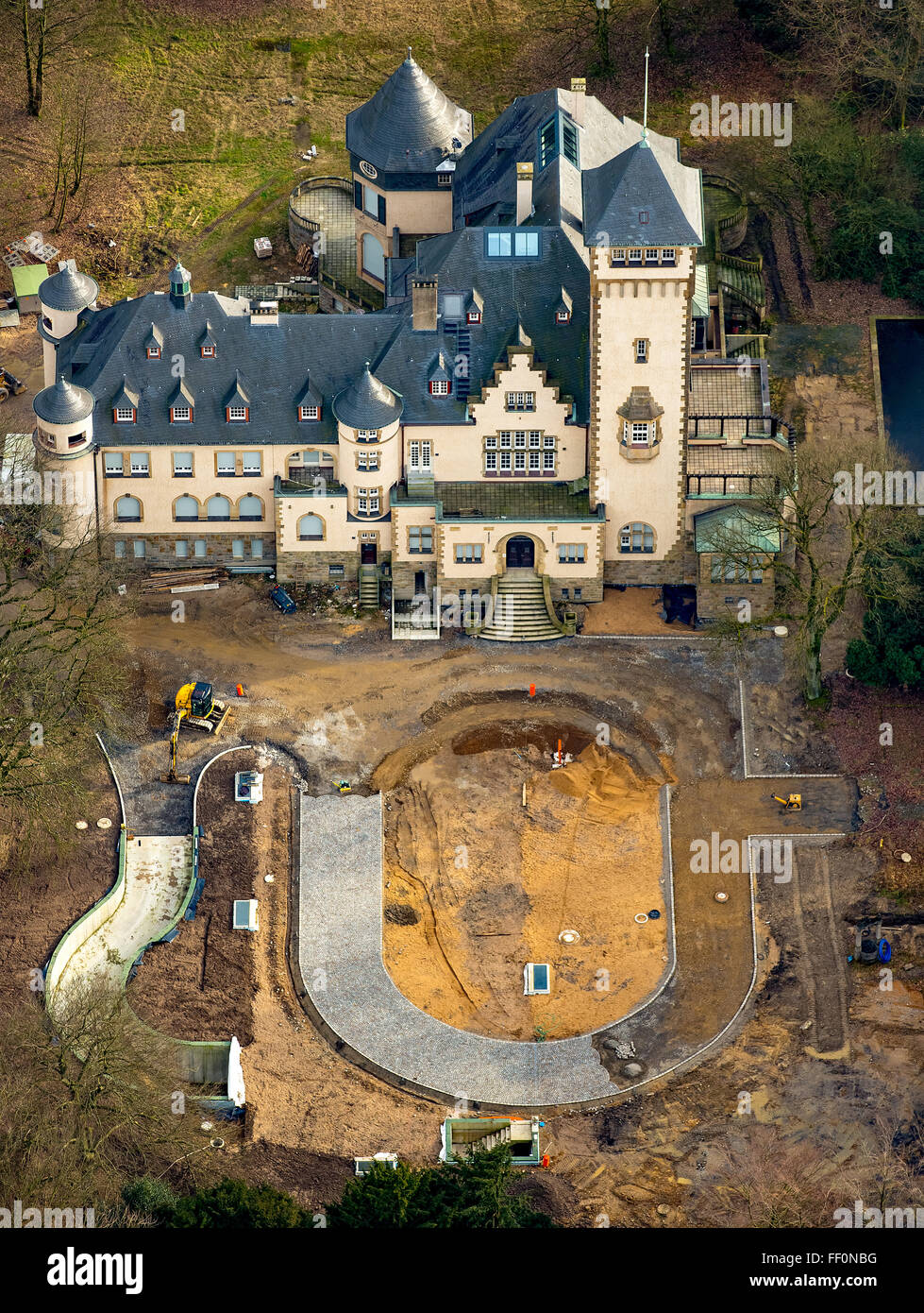 Vista aérea, casa Hartenfels, remodelación, castillo, Duisburg, Ruhr, Nordrhein-Westfalen, Alemania, Europa, vista aérea, Foto de stock