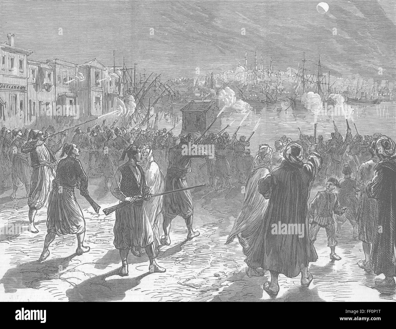 Eclipse de Estambul para asustar a disparo mal espíritu 1877. Illustrated London News Foto de stock