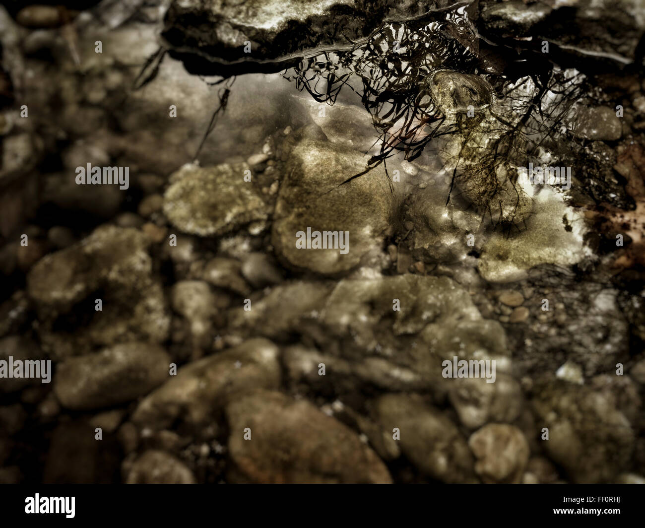 Imagen oscura de las rocas, en la orilla de un río Foto de stock