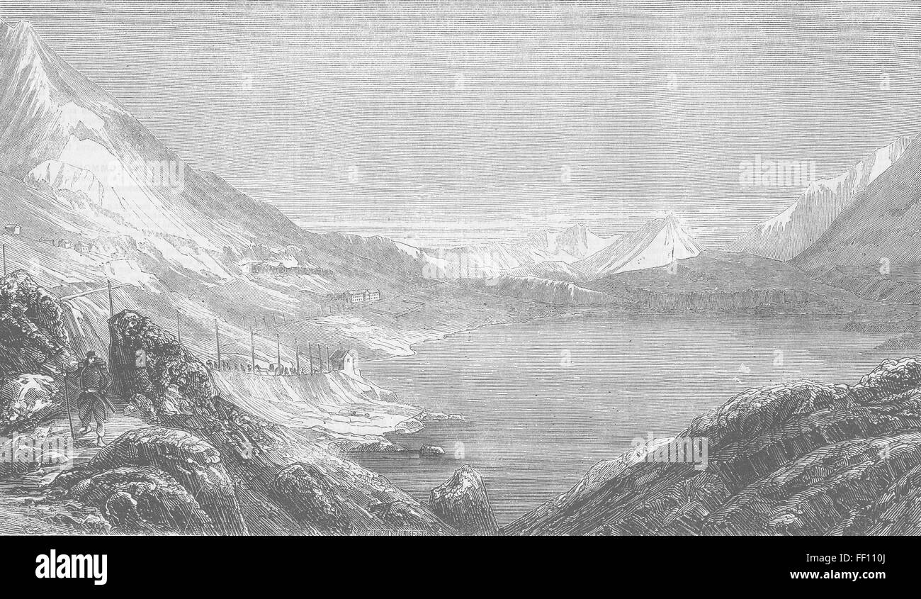 Francia Lake & convento, en el pico del Monte Cenis 1860. Veces ilustrado Foto de stock