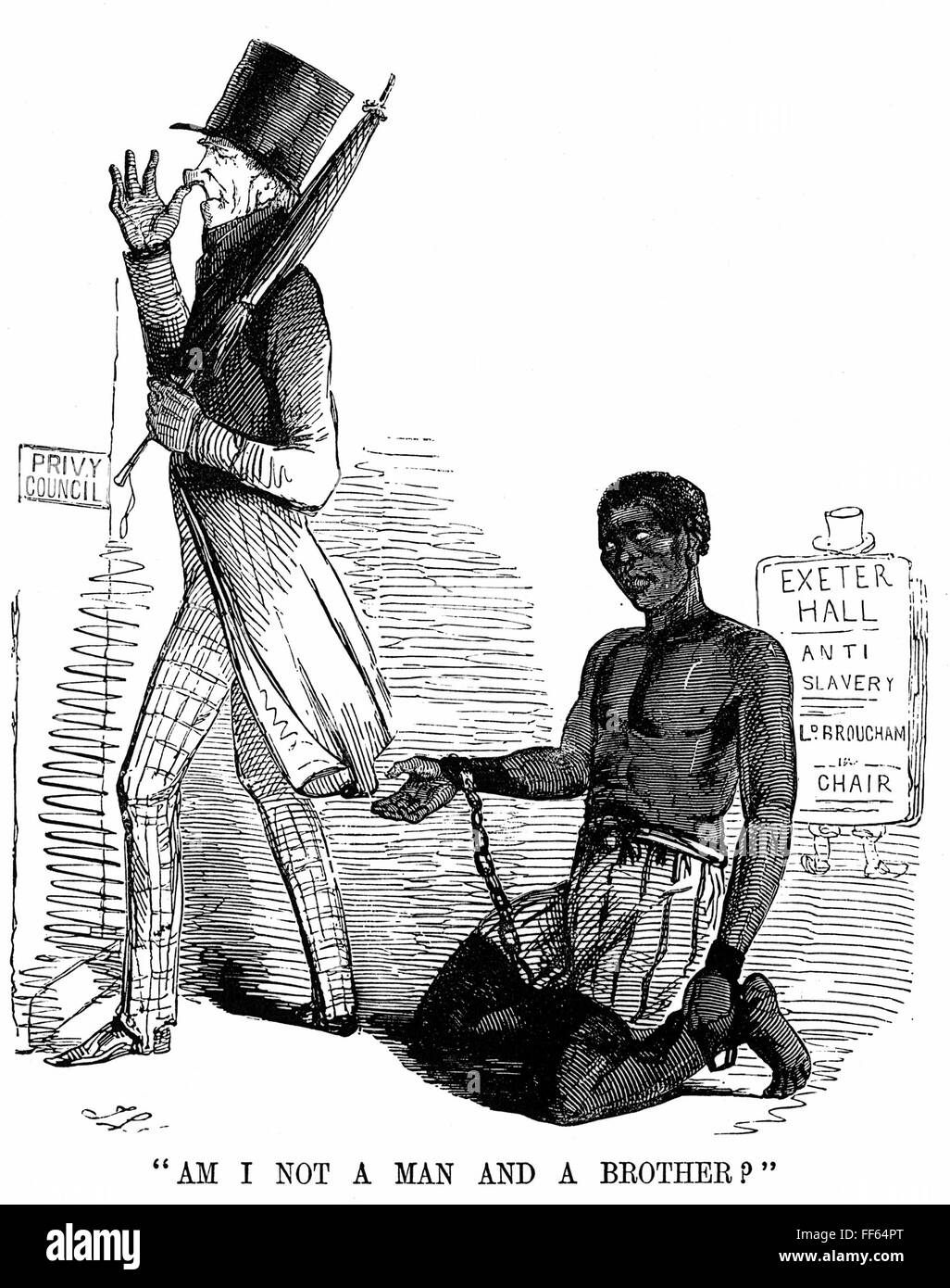 Caricatura: la esclavitud, de 1844. /N'No soy un hombre y un hermano?" Caricatura de 1844, por John Leech de "Punch". Foto de stock