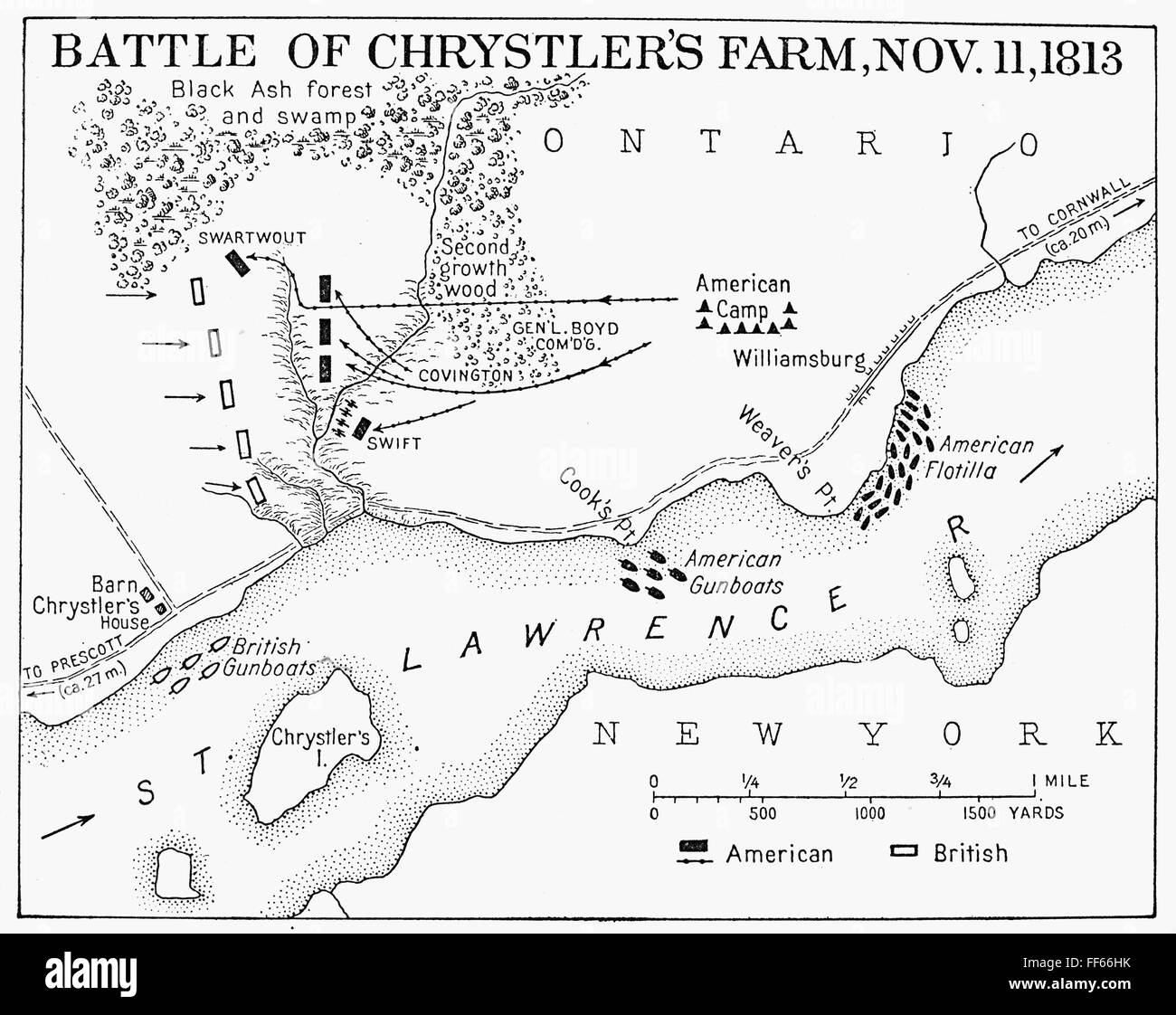Guerra de 1812: plan de batalla. /Nel plan de la batalla de la granja Chrystler, Ontario, Canadá, el 11 de noviembre de 1813. Foto de stock