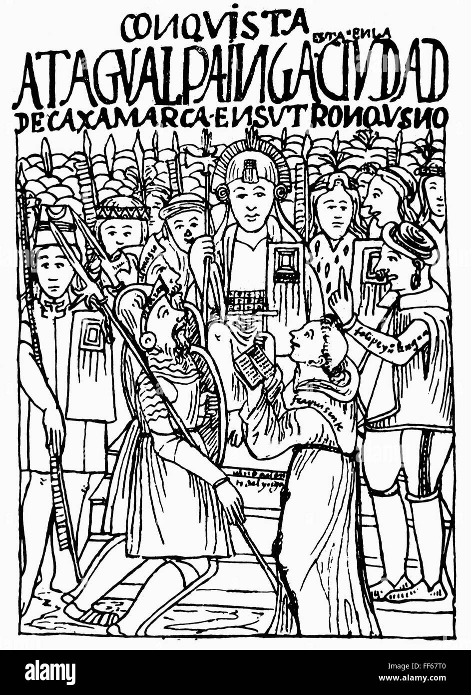 Perú: Pizarro y Atahualpa. /Nla primera reunión, en 1532, Francisco Pizarro y Atahualpa, el último Inca rey. Dibujo con pluma y tinta, c1600, por Felipe Guaman Poma de Ayala. Foto de stock